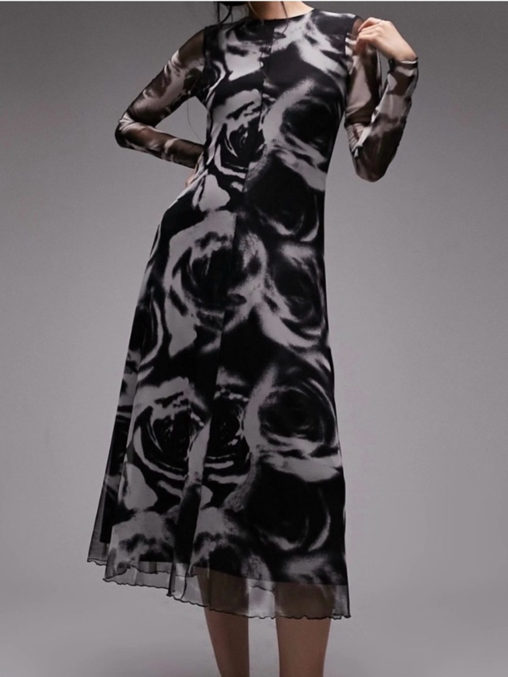XS Topshop Mesh Sleeve Rose Print Midi Dress